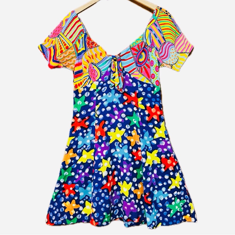 Jams World Tie Front Mini Dress Fit Flare Colorful Mixed Print Stars
